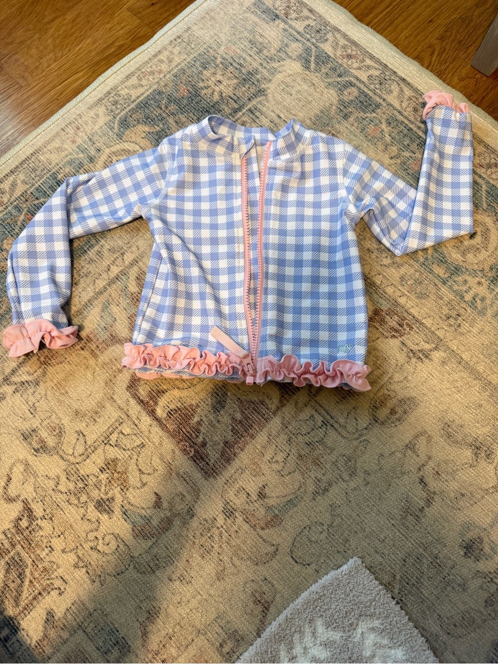 RuffleButts Zip Up Swim Top - Blue Gingham